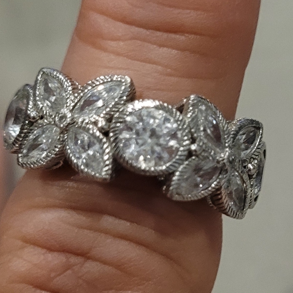 Judith Ripka Sterling Silver CZ floral band ring.